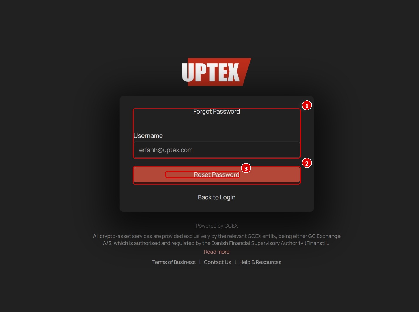 Forgot Password page showing Username/email field (1), Reset Password button (2), and Back to Login link (3)