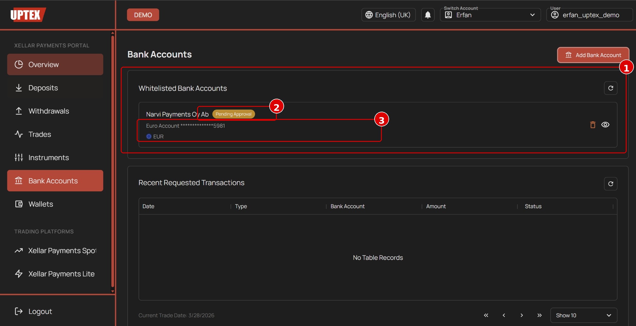Bank Accounts page showing whitelisted Narvi Payments entry (1), Pending Approval badge (2), and account details with masked IBAN and EUR currency (3)